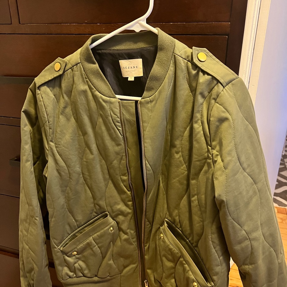 Sézane Green Quilted Bomber Jacket